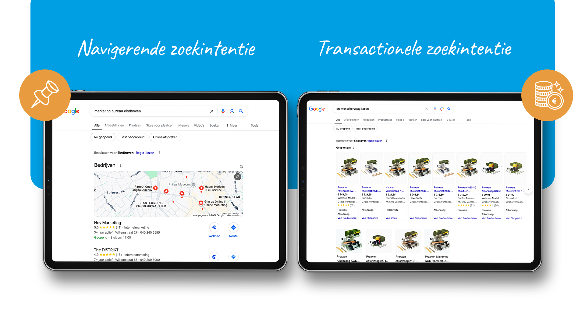 Voorbeelden van navigerende en transactionele zoekopdrachten in de SERP.